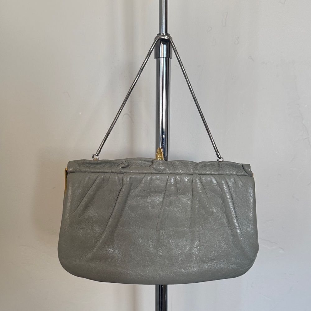 VINTAGE ETRA Elegant Gray Genuine Leather Handbag Clutch Gold/Silver Hardware